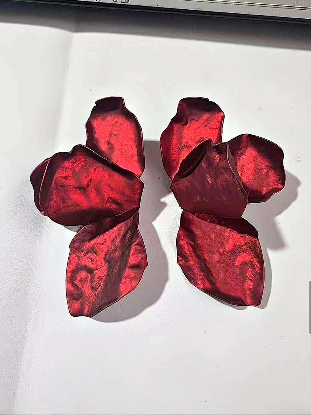 Red Fabric Flower Stud Earrings Pair, Butterfly Closure, 3 in Long